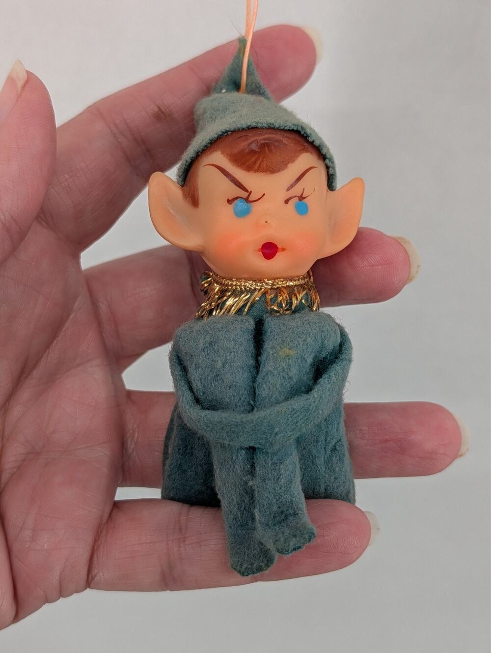 Vintage Knee Hugger Green Christmas Elf Pixie Japan Sitter 3” Ornament